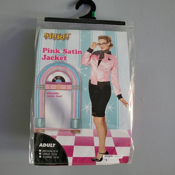 Spirit Halloween Pink Satin Jacket Costume Set w/ Scarf Glasses Pearls Sz L - Picture 4 of 4